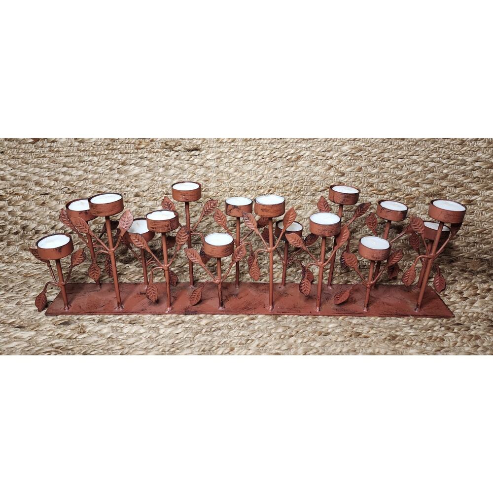 Vtg. Rustic Red Metal Primitive Leaves 16 Tealight Candle Holder Home Decor 24"